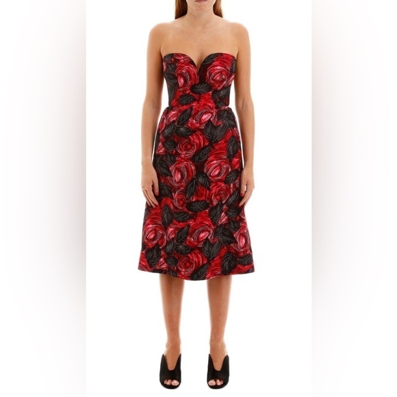 Prada red floral crepe cady midi dress in red - Picture 4 of 14